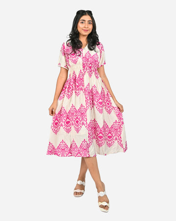 Elegant Charm: White & Pink V-Neck Day Dress