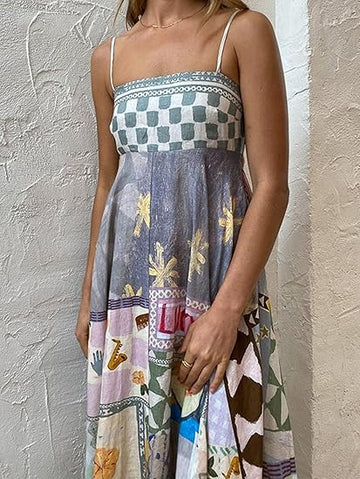 HC London Summer Women's Boho Cami Summer Cute Print Flowy A-Line Party Long Dress Spaghetti Strap A-Line