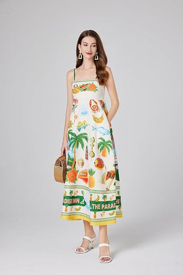 HC London Women's Sleeveless Smocked Sundress Graffiti Print Cami Dress Loose Spaghetti Strap Flowy Boho Dresses