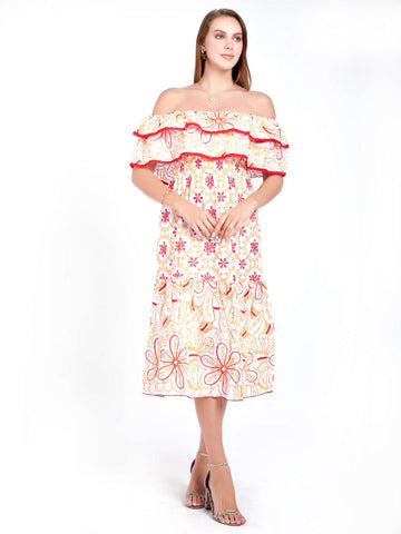 HC Embroidered Off Shoulder Round Neck Ruffled Smocked Midi Dress