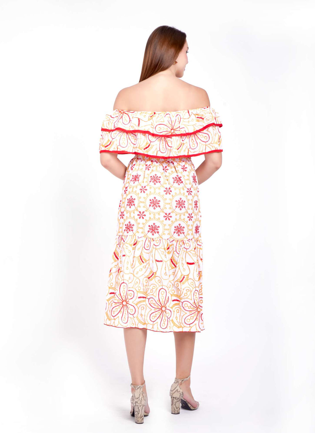 HC Embroidered Off Shoulder Round Neck Ruffled Smocked Midi Dress