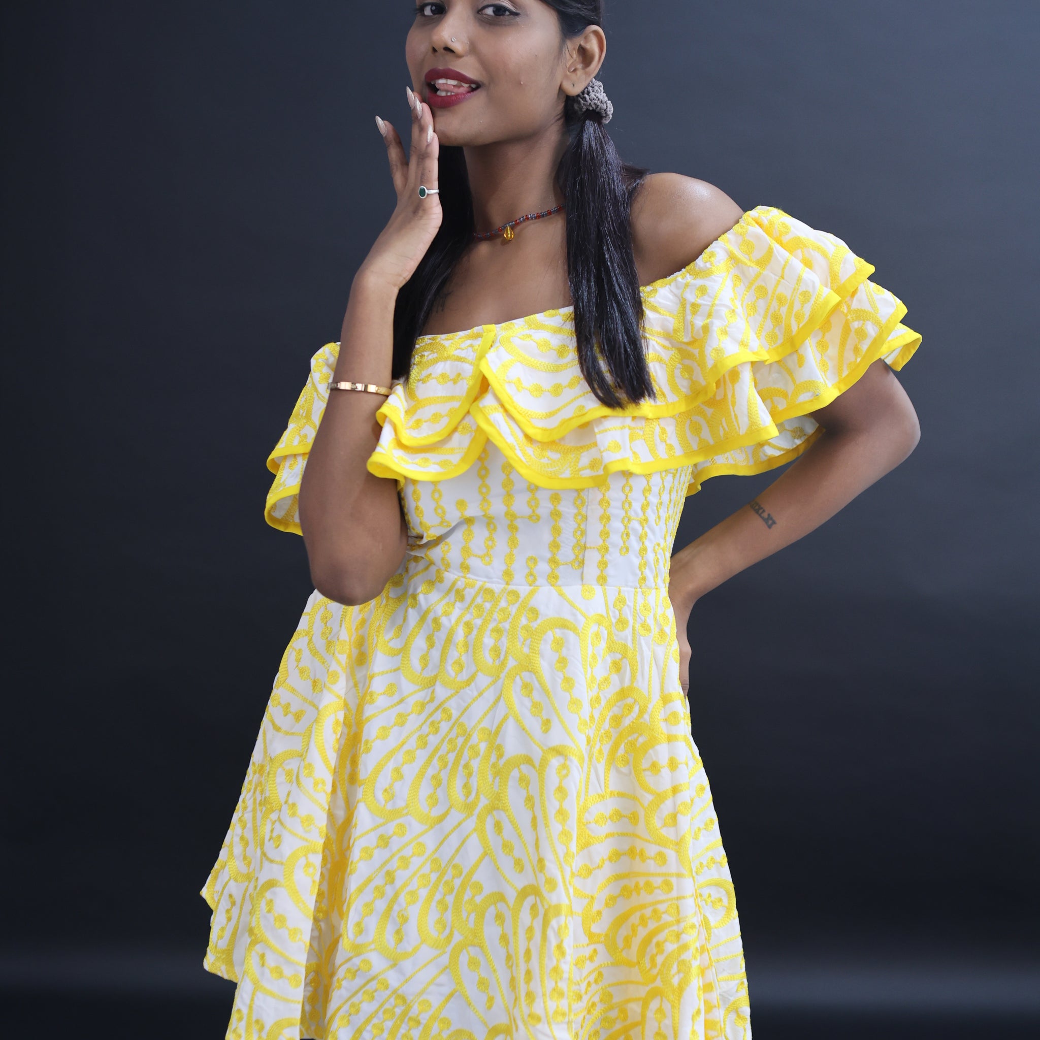HC Embroidered Butterfly Flare Smocked Mini Dress